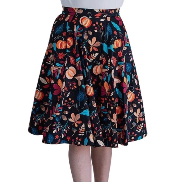 Eva Rose Fit & Flare Pumpkin Leaf Print Midi Skirt Women’s New Black Multi - Picture 3 of 5